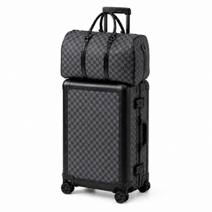 Black 20-inch aluminium-frame suitcase with matching checkered duffel bag