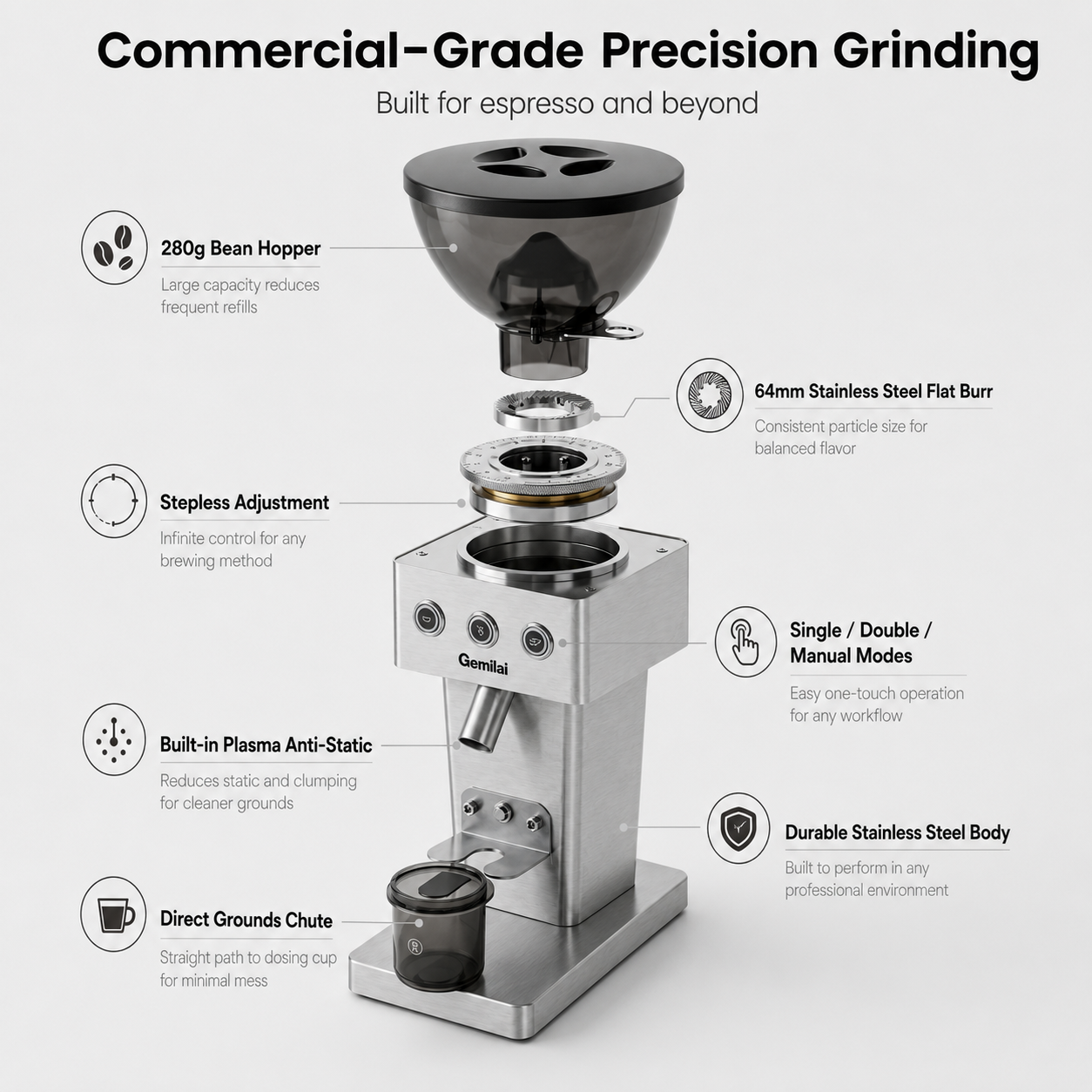 Gemilai Electric Coffee Grinder 64mm Flat Burr Espresso Single Dose Steel