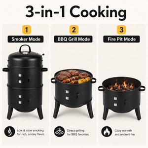 3-in-1 Charcoal Smoker with Thermometer BBQ Grill Fire Pit Braai Vertical Outdoor Portable