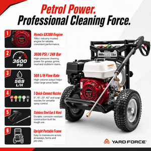 YARD FORCE Honda GX200 Petrol Pressure Washer 3600PSI 248 Bar 5 Nozzles
