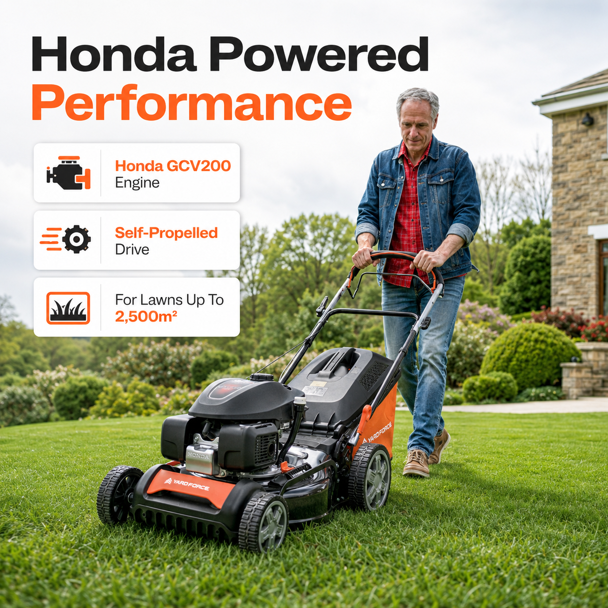 YARD FORCE Honda GCV200 Self-Propelled Petrol Lawnmower 51cm 4-in-1
