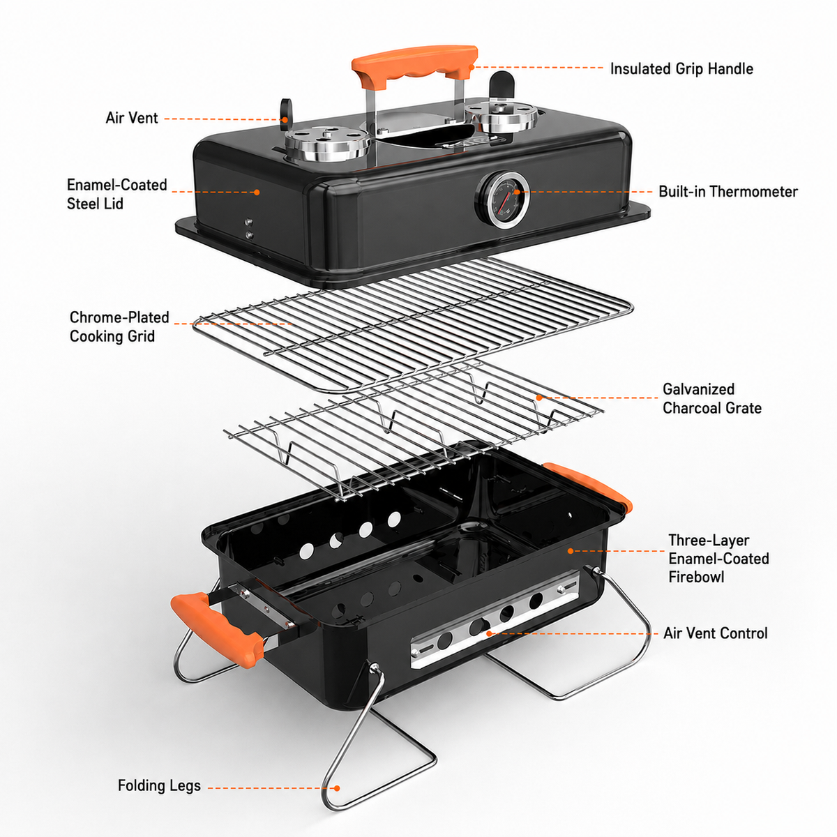 Portable Charcoal Braai BBQ Grill With Folding Legs Thermometer and Lid