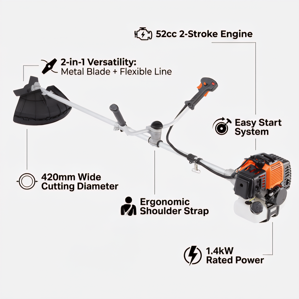 YARD FORCE 52cc Petrol Brush Cutter Grass Trimmer 2-in-1 Easy Start