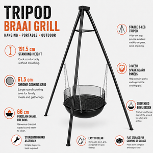 Tripod Braai Grill Charcoal Fire Pit Hanging Portable Outdoor Camping BBQ