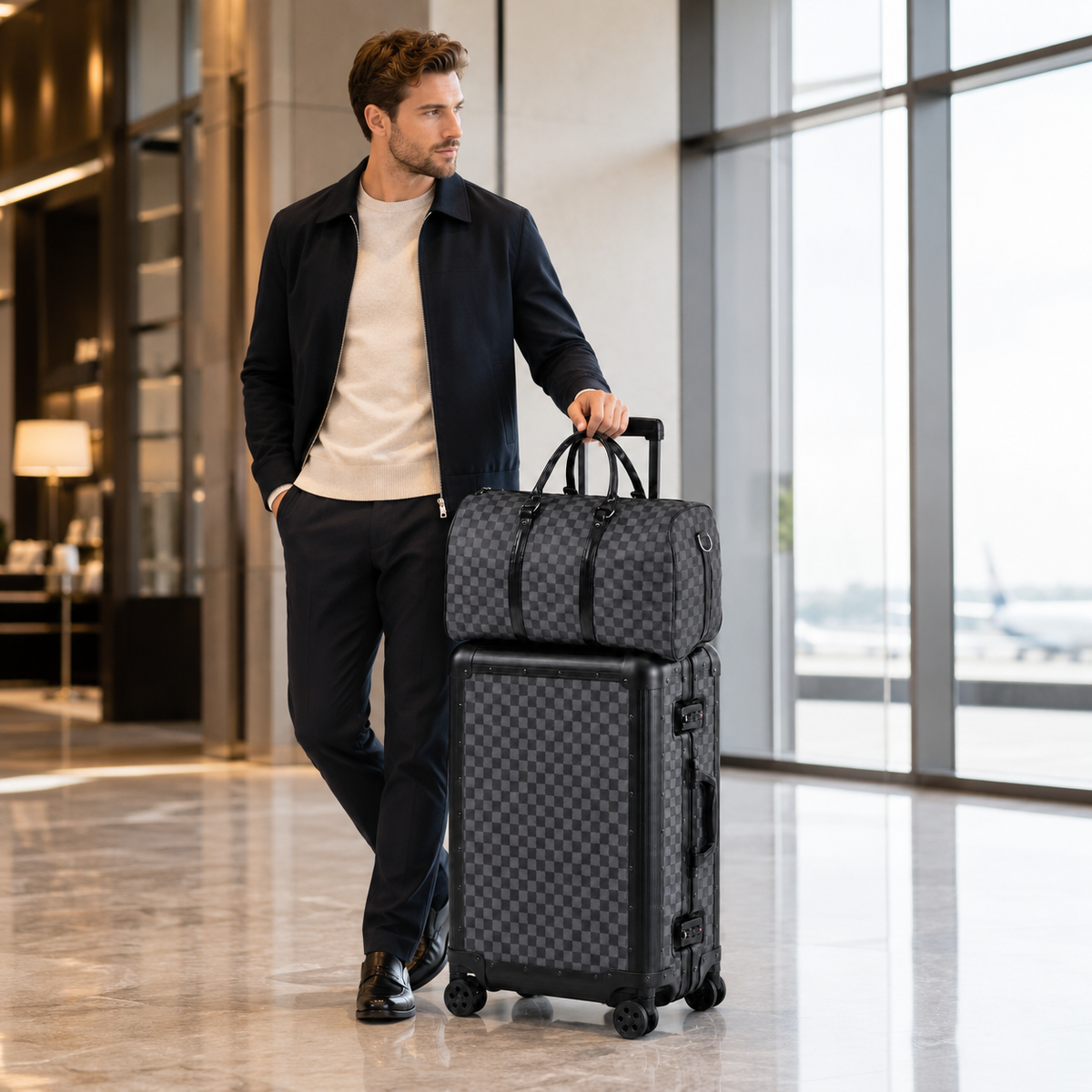 Traveller pulling a black checkered suitcase with matching duffel bag