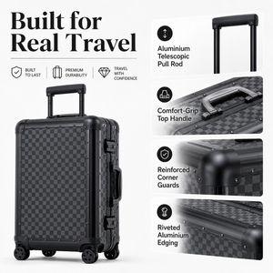 Black suitcase showing telescopic handle, reinforced corners and spinner wheels