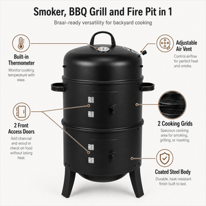 3-in-1 Charcoal Smoker with Thermometer BBQ Grill Fire Pit Braai Vertical Outdoor Portable
