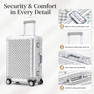 White checkered suitcase showing handle, lock, frame and wheel details