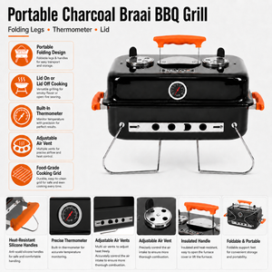 Portable Charcoal Braai BBQ Grill With Folding Legs Thermometer and Lid