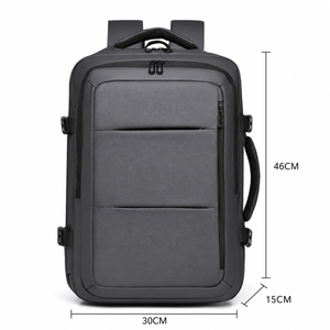 Grey travel laptop backpack front view with dimensions: 46cm high, 30cm wide, 15cm deep