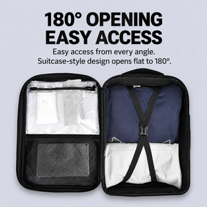 Backpack with 180-degree suitcase-style opening and packed clothes inside