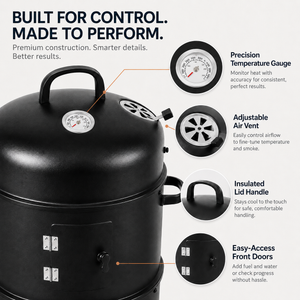 3-in-1 Charcoal Smoker with Thermometer BBQ Grill Fire Pit Braai Vertical Outdoor Portable