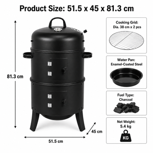 3-in-1 Charcoal Smoker with Thermometer BBQ Grill Fire Pit Braai Vertical Outdoor Portable