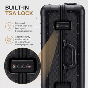 Close-up of built-in TSA combination lock on black suitcase