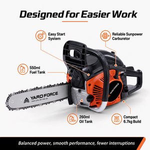 YARD FORCE 46cc Petrol Chainsaw 18" Bar 2-Stroke Engine Easy Start
