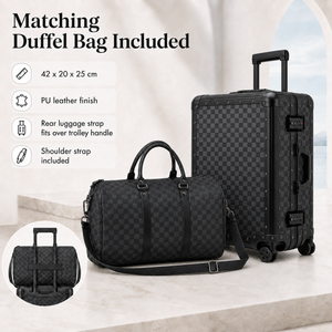 Black checkered duffel bag with shoulder strap and matching suitcase
