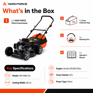 YARD FORCE 163cc Petrol Lawnmower Honda GXV160 Mulch & Catch 48cm Cut