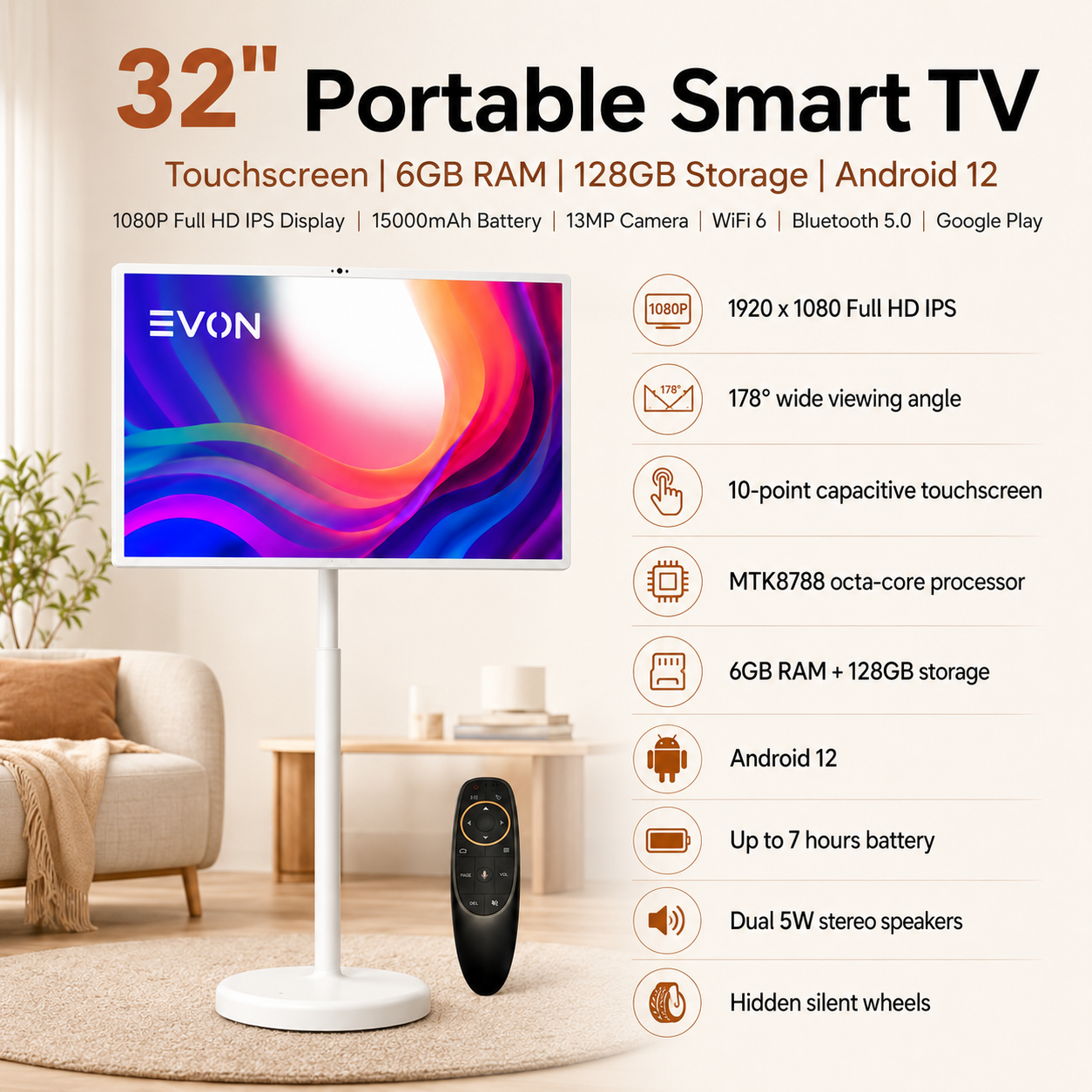 EVON 32" Portable Smart TV on Wheels - Touchscreen, 6GB, 128GB, Android 12
