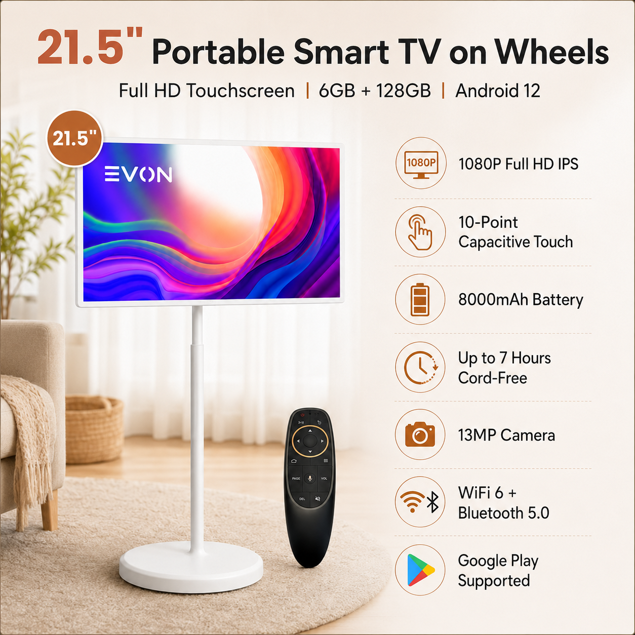 EVON 21.5" Portable Smart TV on Wheels - Touchscreen, 6GB, 128GB Android 12