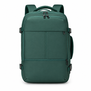 Green expandable travel laptop backpack, front view