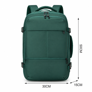 Green travel laptop backpack dimensions: 50cm high, 30cm wide, 15cm deep