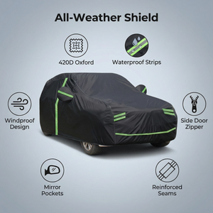 GagaFast Black Shield 420D Car Cover Features – Waterproof Strips, Side Door Zipper, Mirror Pockets and Reinforced Seams