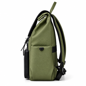 Side view of the olive green laptop backpack with side pocket