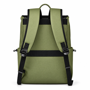 Back of the olive green laptop backpack with padded straps and luggage strap