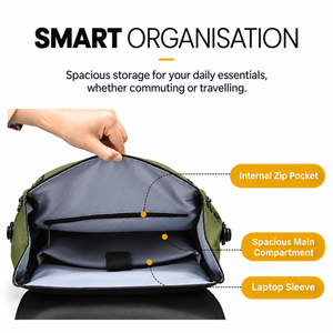 Green backpack interior: internal zip pocket, main compartment and laptop sleeve