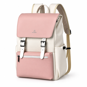 Pink and cream 15.6-inch laptop backpack with magnetic buckle flap, front three-quarter view