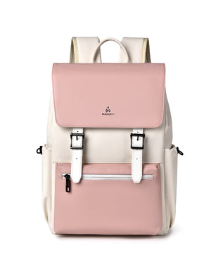 Pink and cream magnetic flap laptop backpack, front view