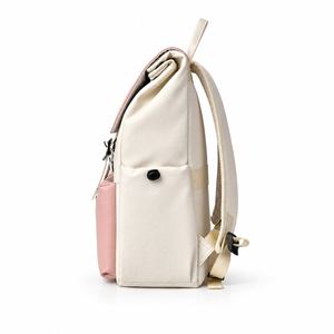 Side view of the pink and cream laptop backpack with side pocket