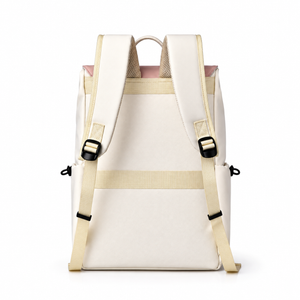Back of the pink and cream laptop backpack with padded straps and luggage strap