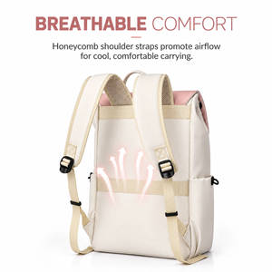 Honeycomb breathable shoulder straps on the pink and cream laptop backpack