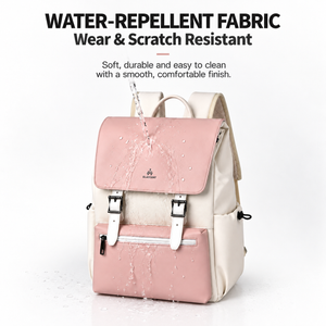 Water-repellent, scratch-resistant fabric on the pink and cream laptop backpack