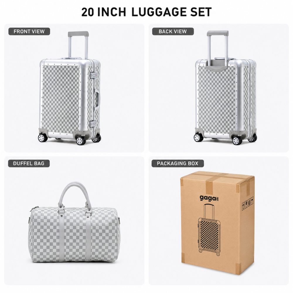 White luggage set showing suitcase, matching duffel bag and packaging