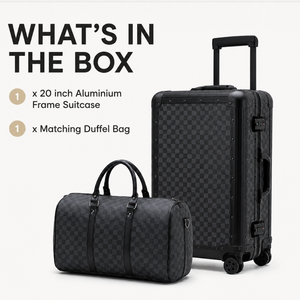 Black 20-inch suitcase and matching duffel bag included in the luggage set