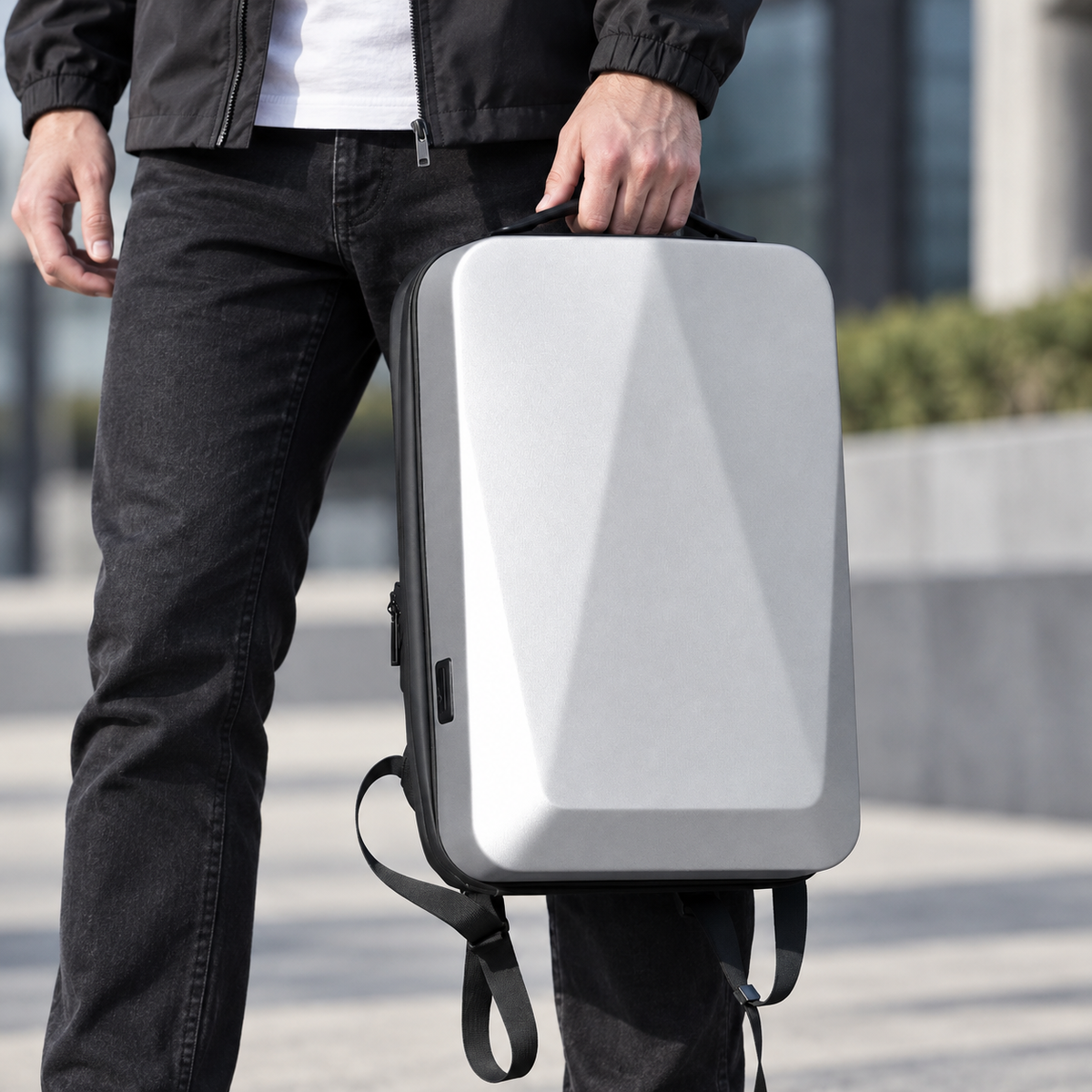 Expandable Hard Shell 17 Inch Laptop Anti-Theft Backpack with Lock USB Port - Silver