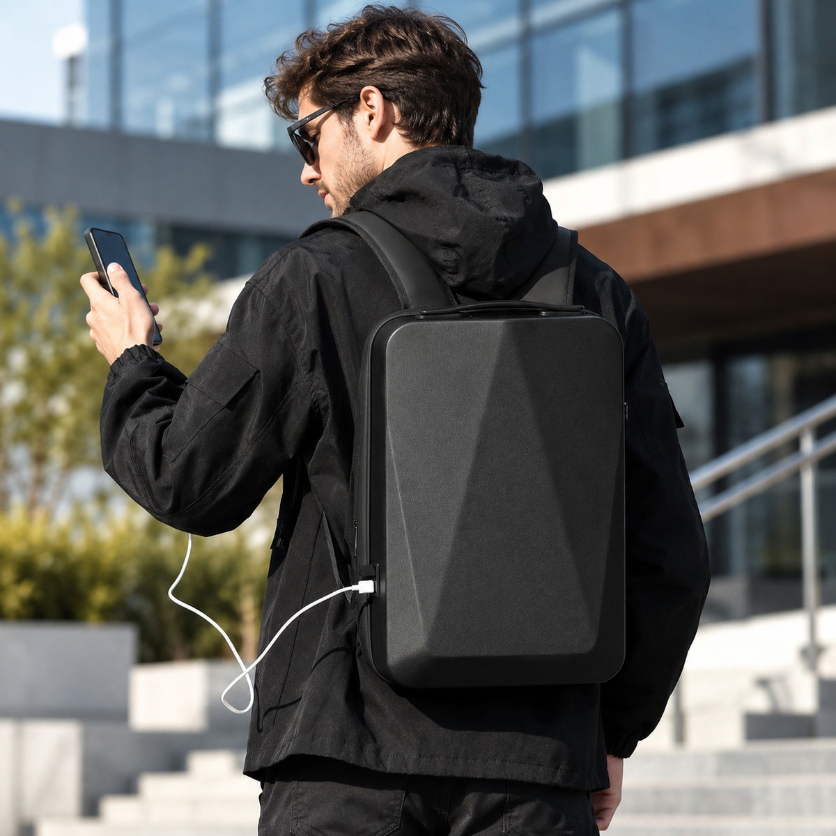 Expandable Hard Shell 17 Inch Laptop Anti-Theft Backpack with Lock USB Port - Black