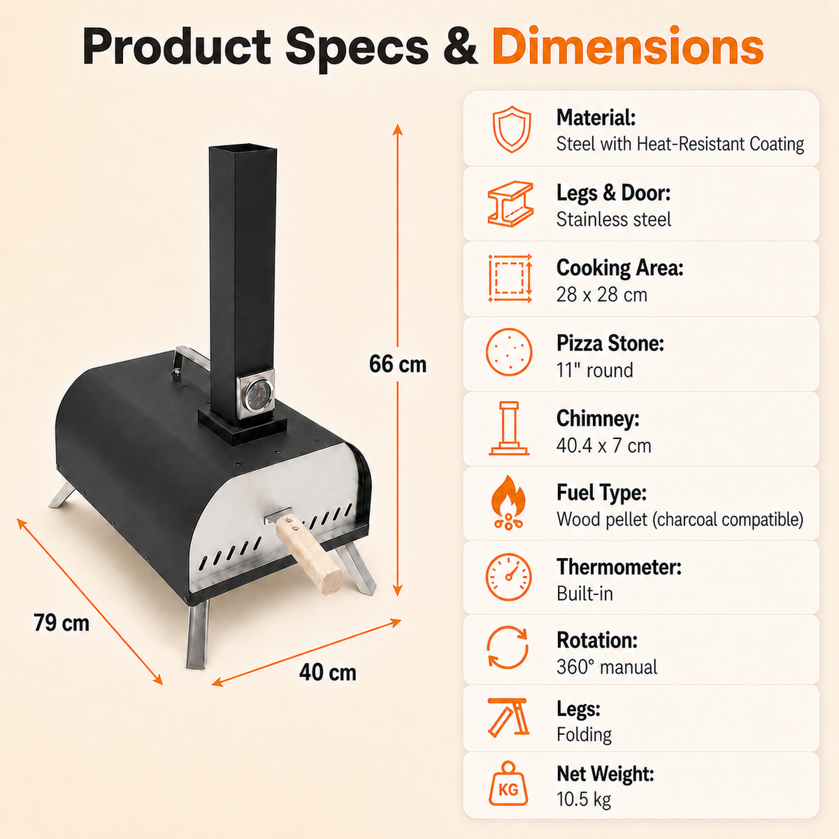 Portable Pizza Oven with Thermometer Outdoor 11 inch Rotating Stone Wood Pellet Complete Set