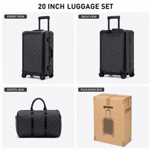Black luggage set showing suitcase, matching duffel bag and packaging