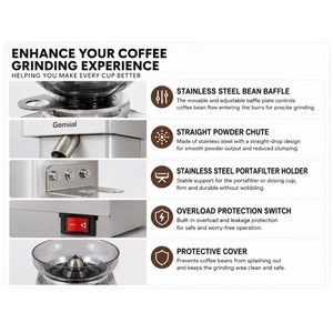 Gemilai Electric Coffee Grinder 64mm Flat Burr Espresso Single Dose Steel
