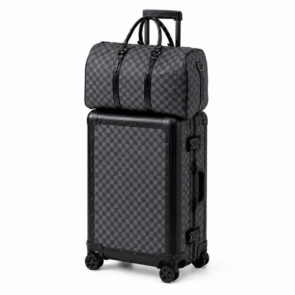 Black 20-inch aluminium-frame suitcase with matching checkered duffel bag