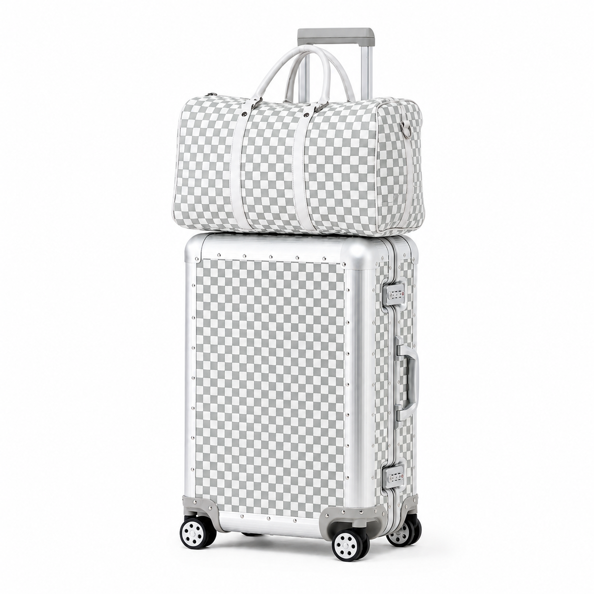 White 20-inch aluminium-frame suitcase with matching checkered duffel bag