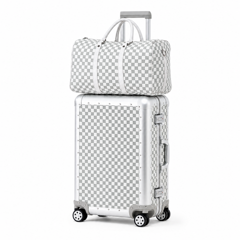 White 20-inch aluminium-frame suitcase with matching checkered duffel bag