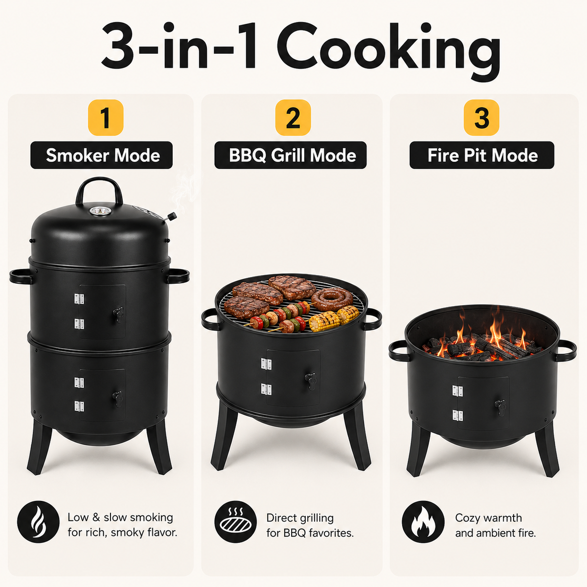 3-in-1 Charcoal Smoker with Thermometer BBQ Grill Fire Pit Braai Vertical Outdoor Portable
