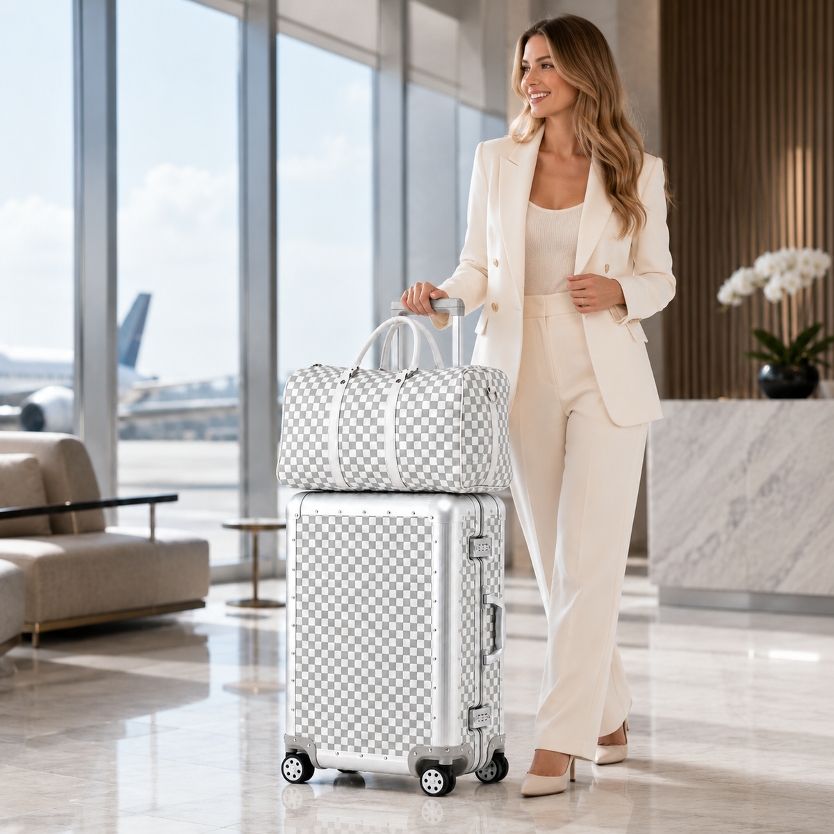 Traveller beside a white 20-inch checkered suitcase and matching duffel bag