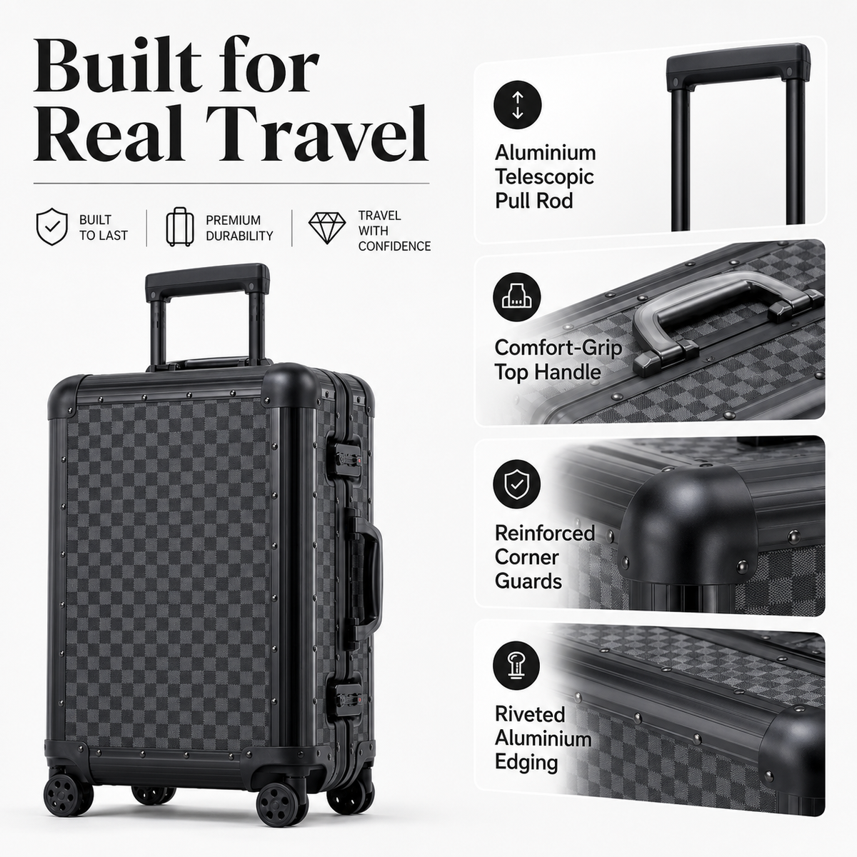 Black suitcase showing telescopic handle, reinforced corners and spinner wheels