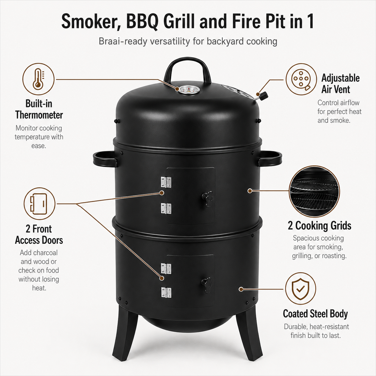 3-in-1 Charcoal Smoker with Thermometer BBQ Grill Fire Pit Braai Vertical Outdoor Portable