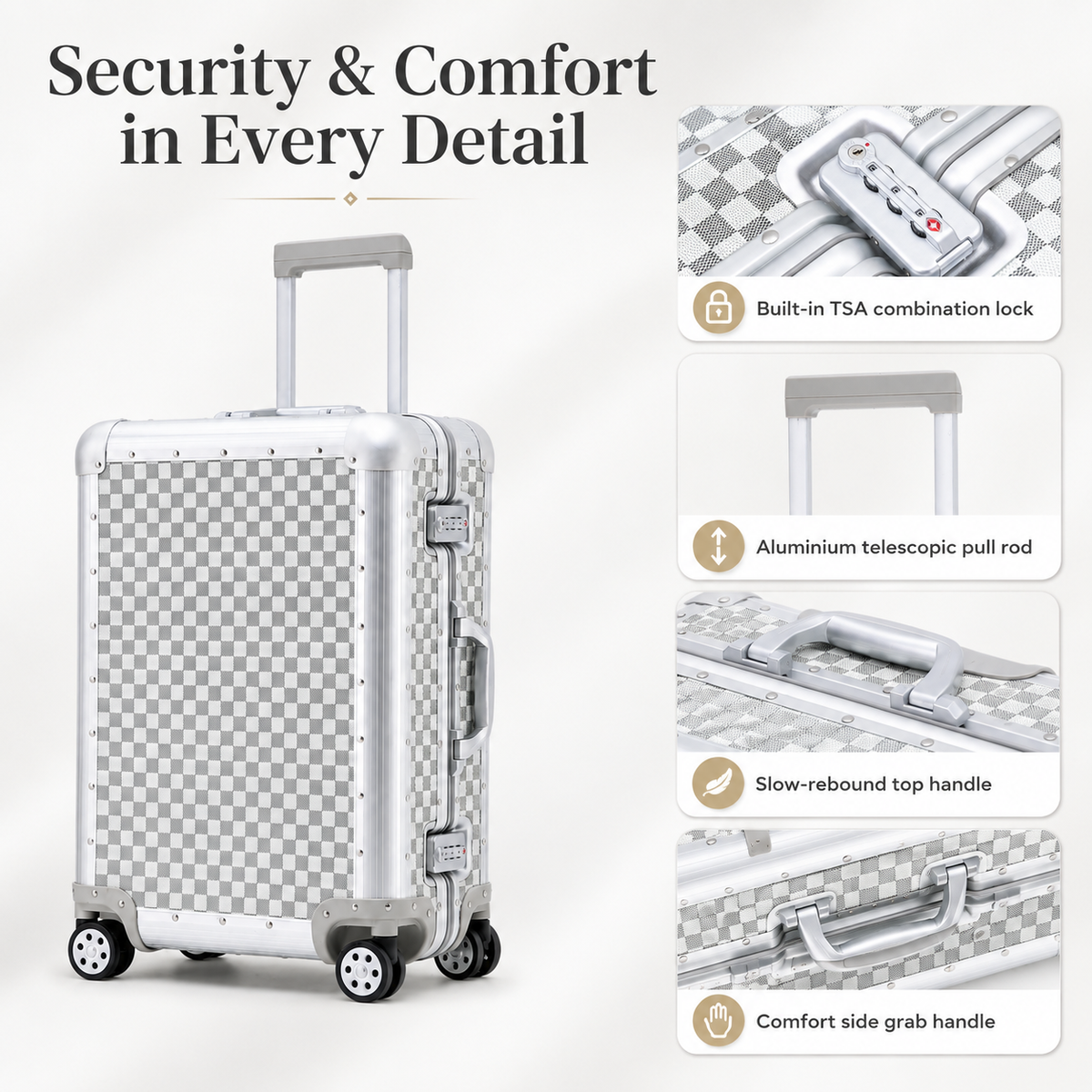 White checkered suitcase showing handle, lock, frame and wheel details